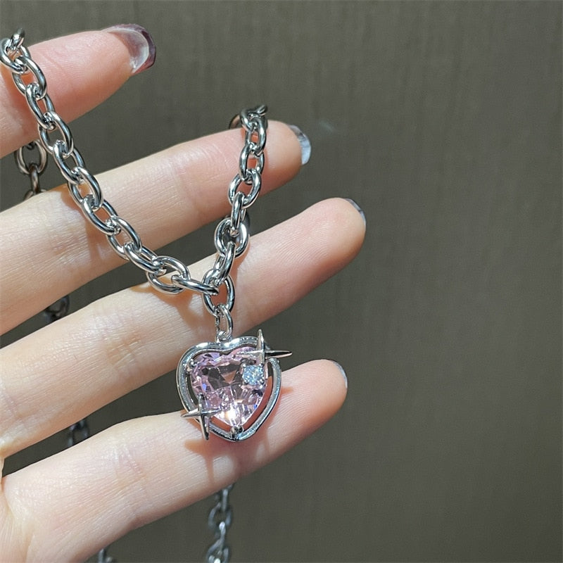 Y2K Accessories Fashion Peach Heart Water Drop Pendant Necklace Pink Crystal Sweet Cool Clavicle Chain Aesthetic Jewelry