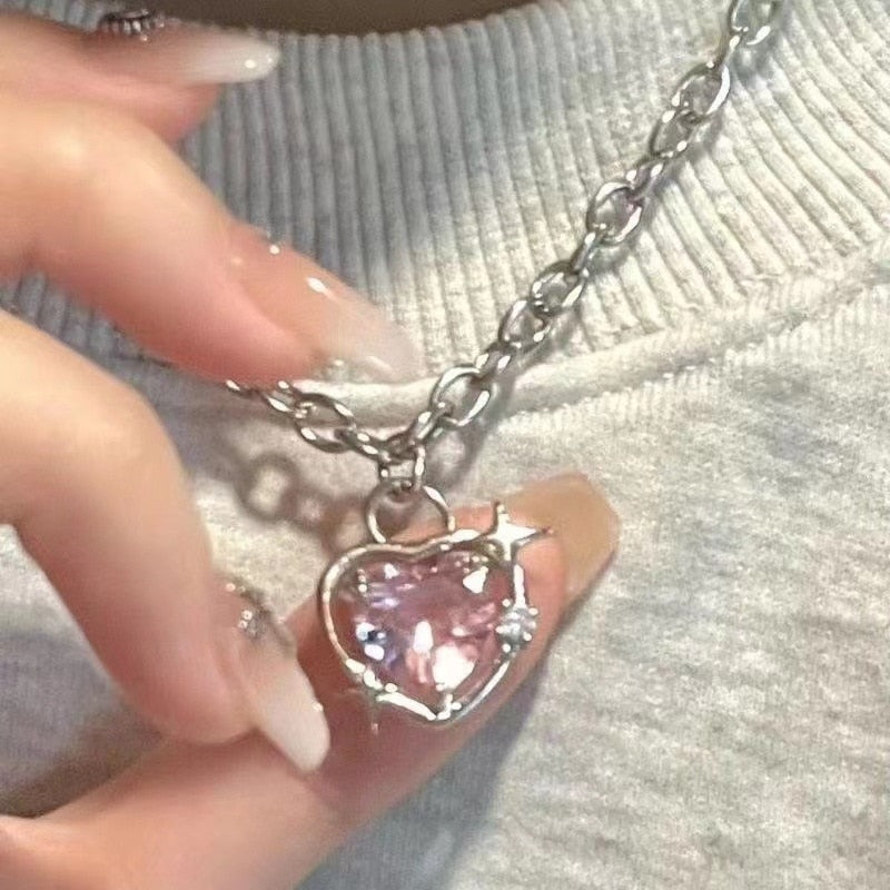 Y2K Accessories Fashion Peach Heart Water Drop Pendant Necklace Pink Crystal Sweet Cool Clavicle Chain Aesthetic Jewelry