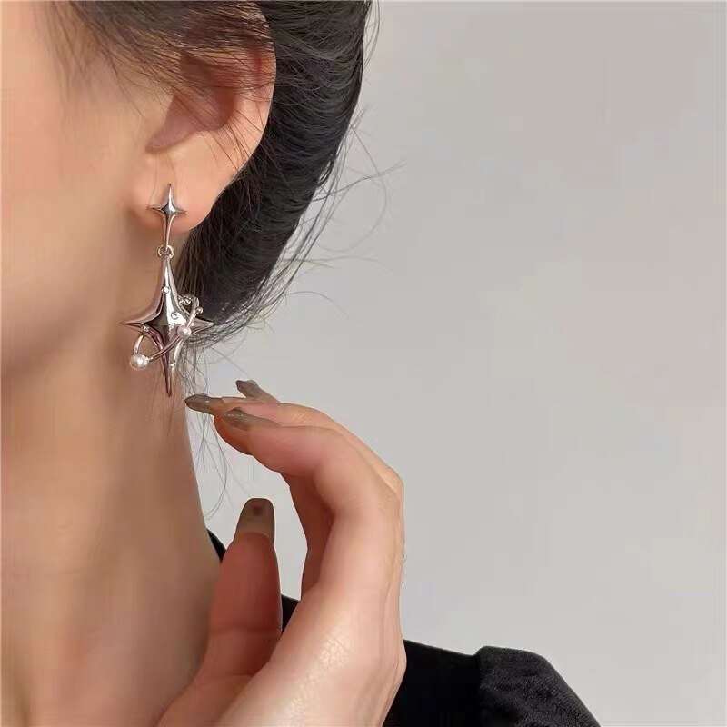 Y2K Star Drop Harajuku Earrings- Creative Planet Pearl Crystal Star Earrings