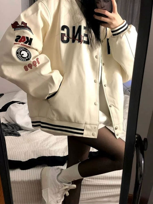 Harajuku Y2K Beige Bomber/ baseball Jackets Women