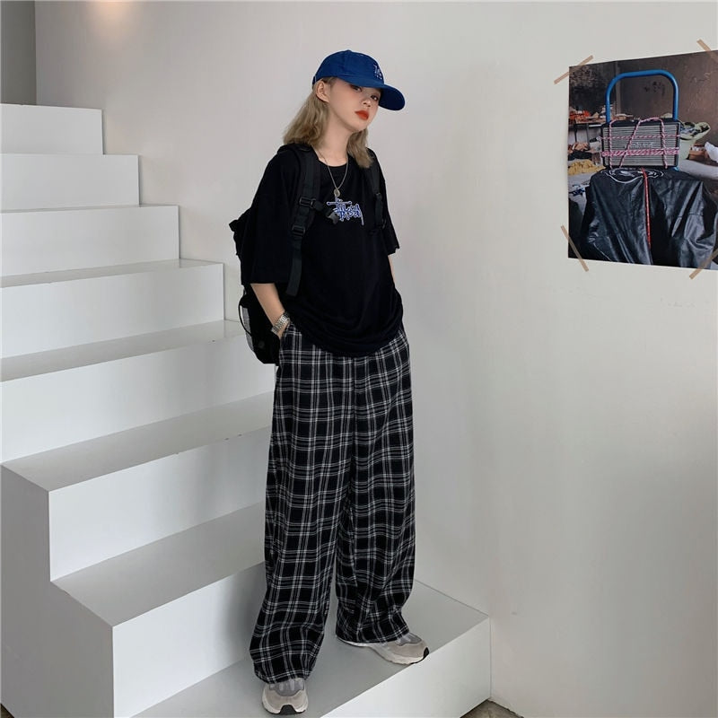 Autumn Women Plaid Pants Trouser Retro Teens Harajuku Black All Match Streetwear